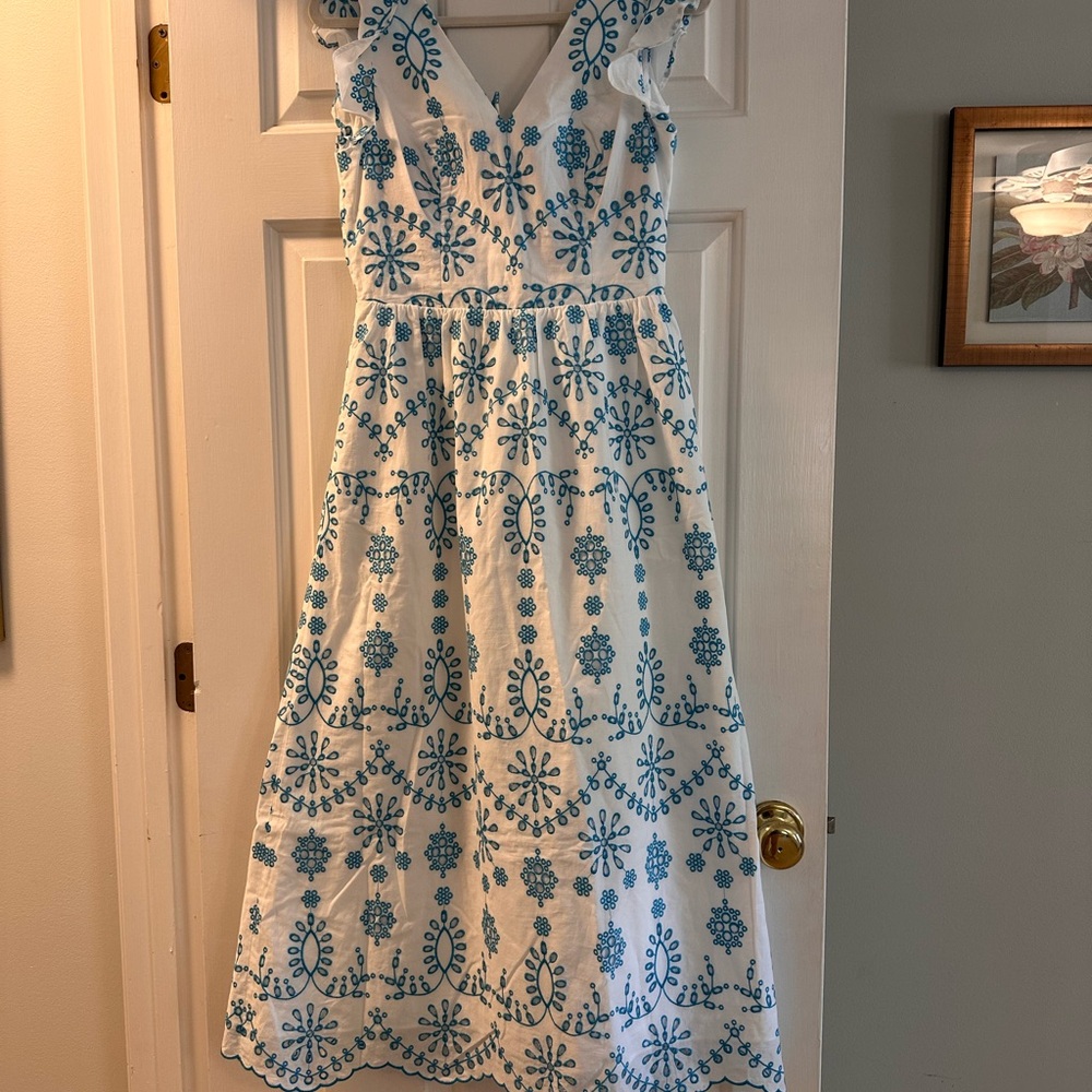 Lilly Pulitzer White Midi Dress with Teal Embroidered Pattern